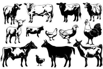 Set Farm animals. Vector sketches hand drawn illustration background. Advertising and design of flyers, booklets. Linear art style. - obrazy, fototapety, plakaty