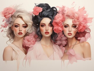 Luxurious Floral Fashion: Triple Portrait in Soft Pink Tones