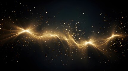 Dust sparks and golden stars shine with special light. Vector sparks on black background. Christmas...