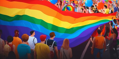 Pride parade people and big rainbow flag. LGBTQ pride. Generative AI 