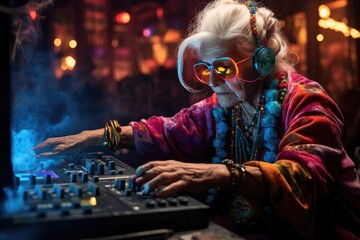 Funky DJ grandmother dancing and playing electro music on turntable. Dynamic senior lifestyle concept : Sunset of life in colors. - obrazy, fototapety, plakaty
