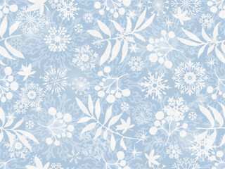 Vector Christmas seamless pattern with silvery snowflakes, leaves, berries, stars