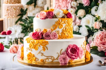wedding cake with roses and candles