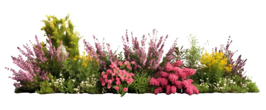 Flowering shrubs and greenery in garden isolated on transparent background