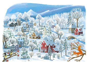 cartoon christmas scene with city in the winter with some wild animals near the town illustration for children