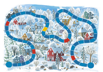 cartoon christmas scene with city in the winter with some wild animals near the town board game illustration for children