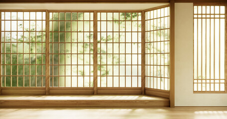 Circle window japan style on Empty room minimalist room interior. - obrazy, fototapety, plakaty