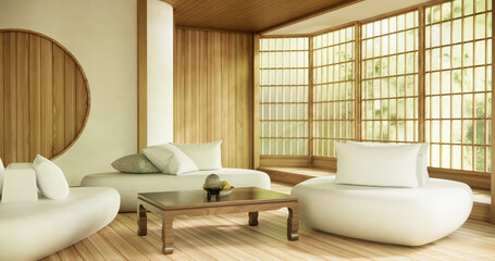 Fototapeta na wymiar Wooden Arm chair and partition japanese on room tropical interior.3d rendering