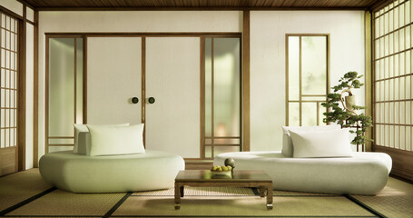 Wooden Arm chair and partition japanese on room tropical interior.3d rendering