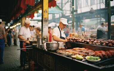 A man in a white hat cooking food on a grill. Generative AI.