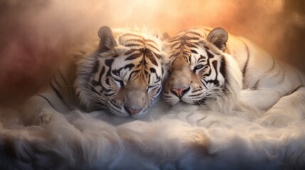  a couple of white tiger laying next to each other on top of a cloud covered field of white fluffy clouds.