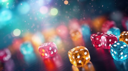  a number of dices on a table with blurry lights in the background and a blurry boke of lights in the background. - obrazy, fototapety, plakaty