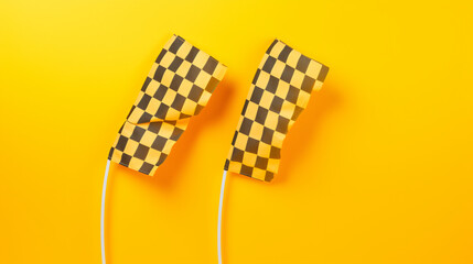 Checkered race flags on yellow background.