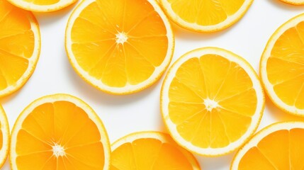  a group of sliced oranges sitting on top of a white table next to each other on top of a white surface.