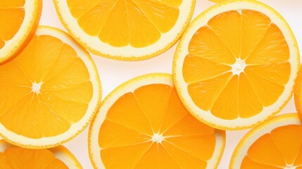  a group of sliced oranges sitting on top of a white table next to a pile of other oranges.