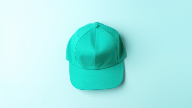  a green baseball cap sitting on top of a light blue background with a shadow of the cap on the left side of the image.