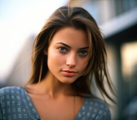 Naklejka premium A captivating young woman with mesmerizing blue eyes in a dreamy, surreal portrait. Generative AI.