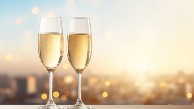  two glasses of champagne on a table in front of a cityscape with boke of lights in the background.