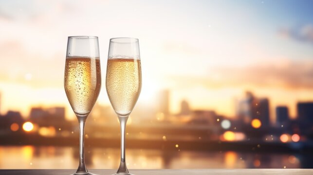  two glasses of champagne sitting on a table in front of a cityscape with a sunset in the background.
