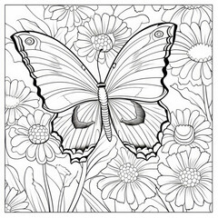 Fototapeta premium Colouring page for kids, a vibrant butterfly fluttering among colourful flowers