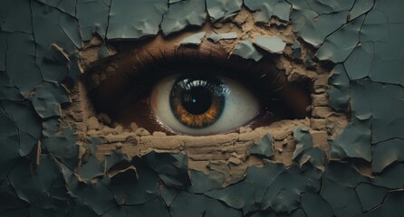  a close up of a person's eye looking through a hole in a wall that has peeling paint on it.