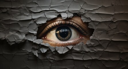  a close up of a person's eye looking through a hole in a sheet of paper that has been torn in half.