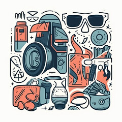 Cool objects illustration with strong contrast for print on demand white background AI Generated