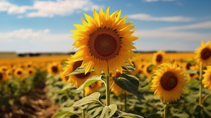Fototapeta premium Field of flowers of sunflowers, blue sky and white clouds in the background