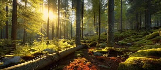 Magical fairytale forest. Coniferous forest covered of green moss