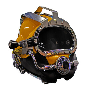 diving equipment, deep sea marine helmet, isolated on white background, yellow color, with external neck clamp and yoke clamp and locking system