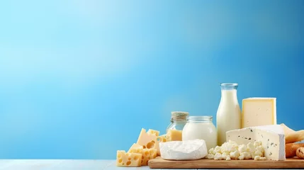 Foto op Plexiglas Dairy Products on a Blue Background with Copy Space, healthy food. © meta