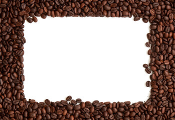 Top view of roasted coffee beans texture background on flat lay in horizontal with white free space in center. pattern for design menu drink. coffee beans frame.