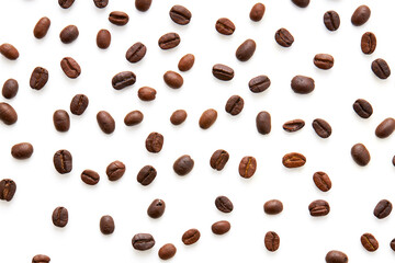 Top view Roasted coffee beans scattered isolated on a white background.