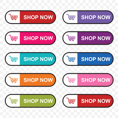 Shop now. Set of  buy now button with shopping cart. Modern collection for web site. Online shopping. Click here, apply, buttons hand pointer clicking. Web design elements.