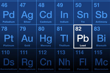 Lead on periodic table of the elements. Chemical element with symbol Pb for Latin plumbum, and atomic number 82. Soft, malleable heavy metal with low melting point. Nervous system damaging neurotoxin. - obrazy, fototapety, plakaty