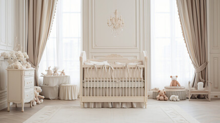 Classic style baby crib standing at the center - obrazy, fototapety, plakaty