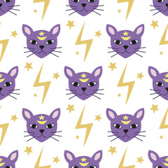 Obraz na płótnie Canvas Magic cats and moon seamless pattern. Magical cat heads and witchcraft elements. mystic kitten print for textile, digital paper, packaging, vector illustration