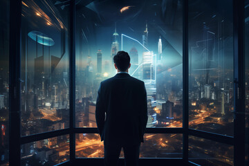 Hombre de negocios mirando la ciudad futurista - obrazy, fototapety, plakaty