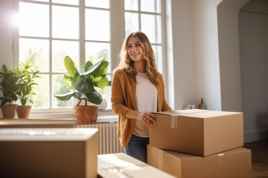 Woman moving into home. young lady relocating to new house. Cardboard boxes in new flat.