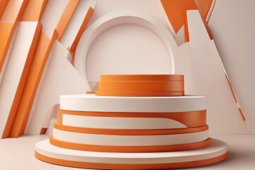 3D realistic orange and white cylinder pedestal podium background with geometric backdrop
