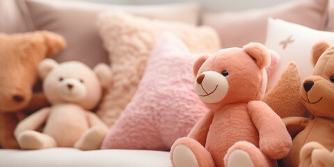 Close-up of peach-colored soft_toys in a childrens room