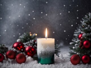 Fototapeta na wymiar candle with snow and copy space blur background 