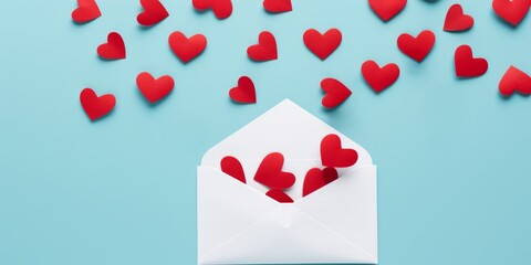 Bunch of red paper hearts and white envelope on light blue background, top view, strong shadow. Copy space on on letter.