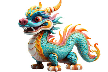 Cute colorful Chinese dragon lunar new year, long body, white background, 3d cartoon style, strong color contrast isolated PNG - obrazy, fototapety, plakaty