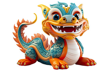 Naklejka premium Cute colorful Chinese dragon lunar new year, long body, white background, 3d cartoon style, strong color contrast isolated PNG