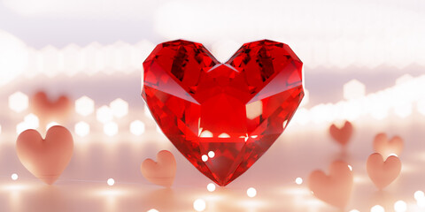 Vivid red, heart-shaped jewels, 3d rendering