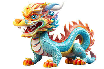 Cute colorful Chinese dragon lunar new year, long body, white background, 3d cartoon style, strong color contrast isolated PNG