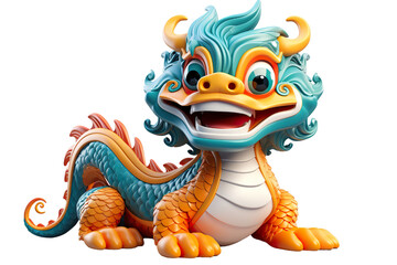 Naklejka premium Cute colorful Chinese dragon lunar new year, long body, white background, 3d cartoon style, strong color contrast isolated PNG