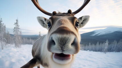 Selfie photo of reindeer in the wild.