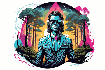 Mysterious Man in suit in unreal forest for T shirt Design